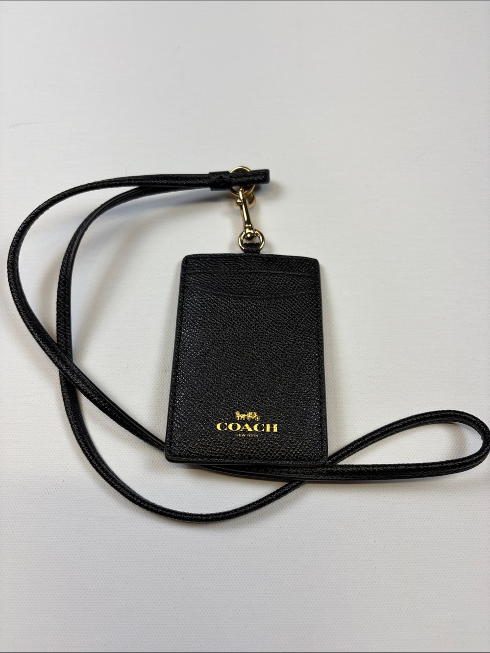 COACH BLACK CROSSGRAIN LEATHER ID LANYARD BADE HOLDER GOLD HARDWARE